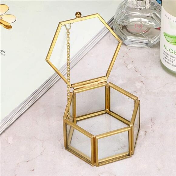 Glass Vintage Jewelry Box - Golden Geometric Jewelry Display Organizer - Picture 9 of 14